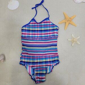 Gossip Girls Halter sheer one piece Swimsuit sz10 Blue Striped Print Swimwear